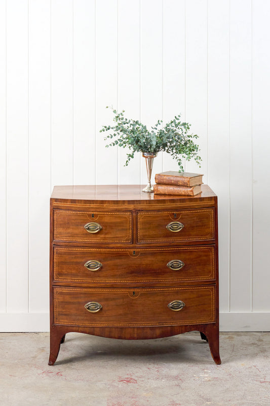 19th Century Mahogany Bowfront Chest with Satinwood Inlay on Splay Feet (c. 1810)