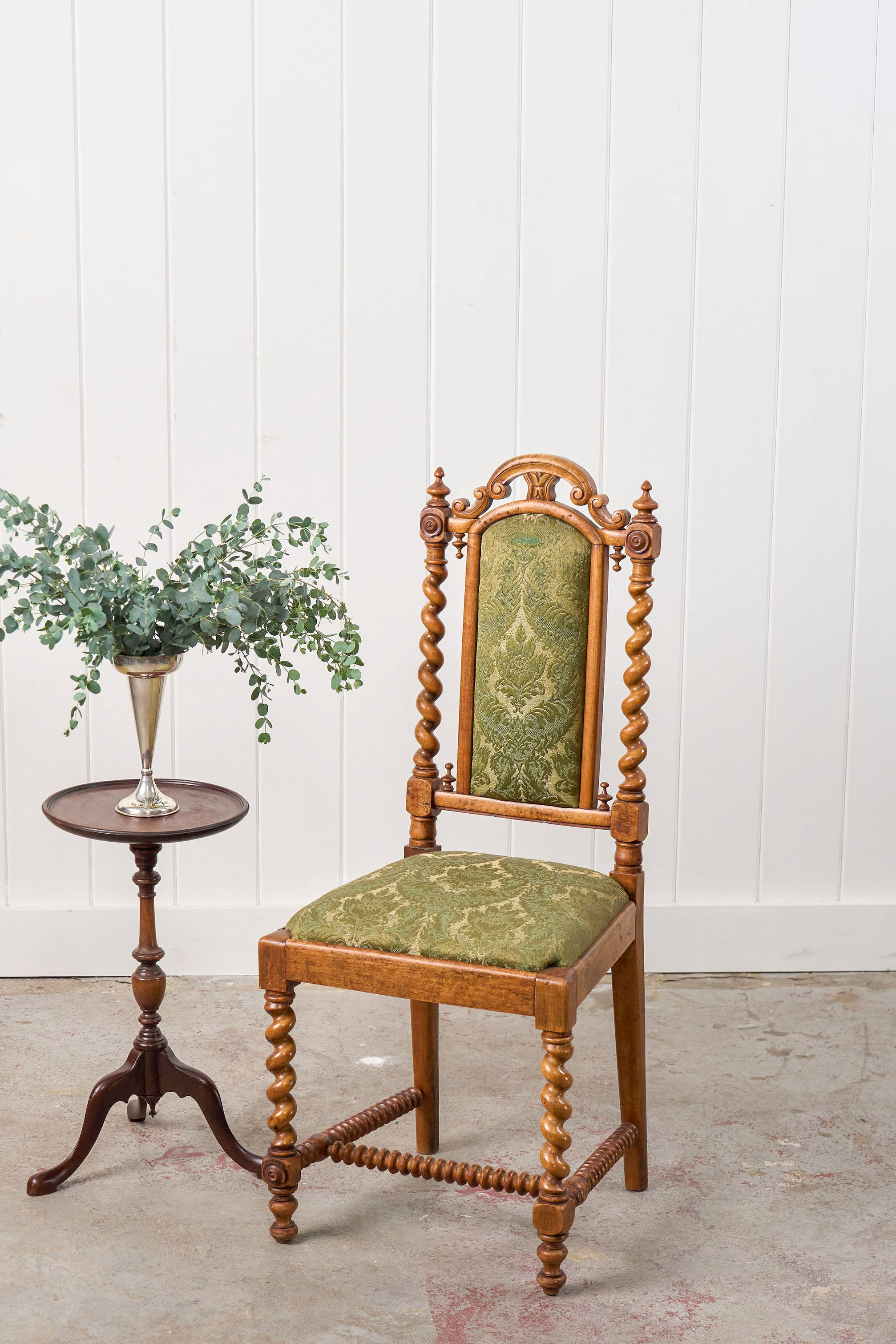 Victorian Walnut Barley Twist Chair With Green Damask Upholstery