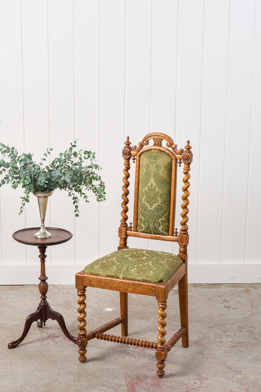 Victorian Walnut Barley Twist Chair With Green Damask Upholstery