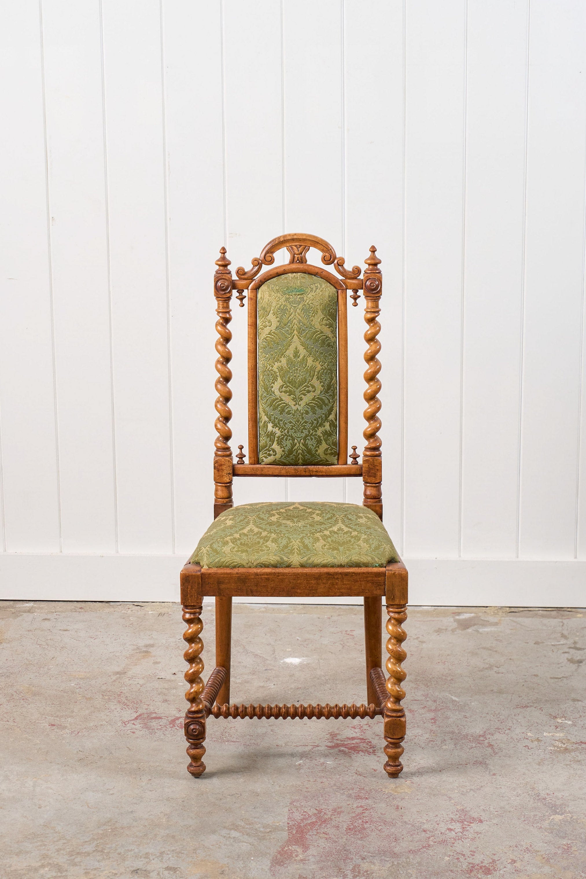 Victorian Walnut Barley Twist Chair With Green Damask Upholstery