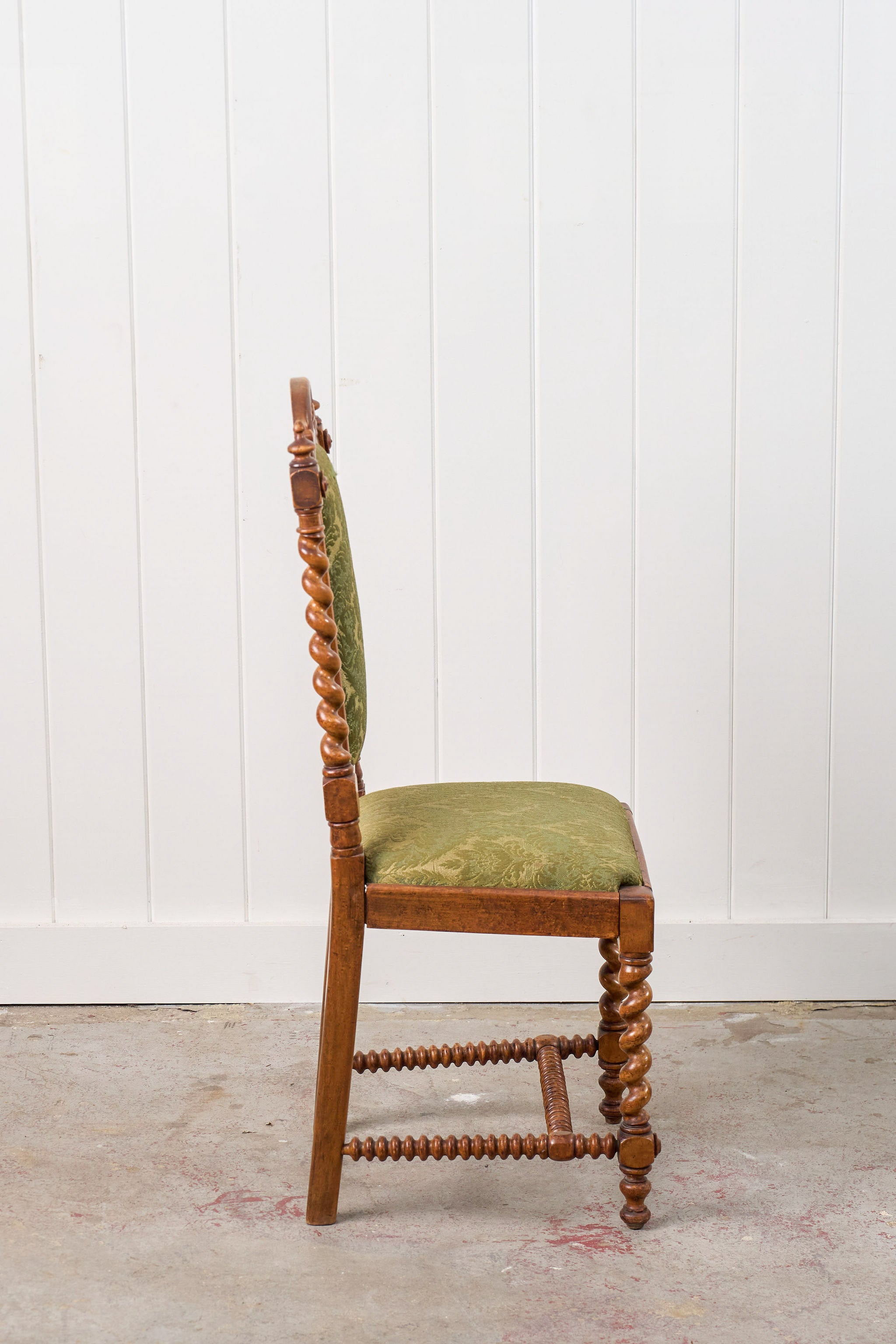 Victorian Walnut Barley Twist Chair With Green Damask Upholstery