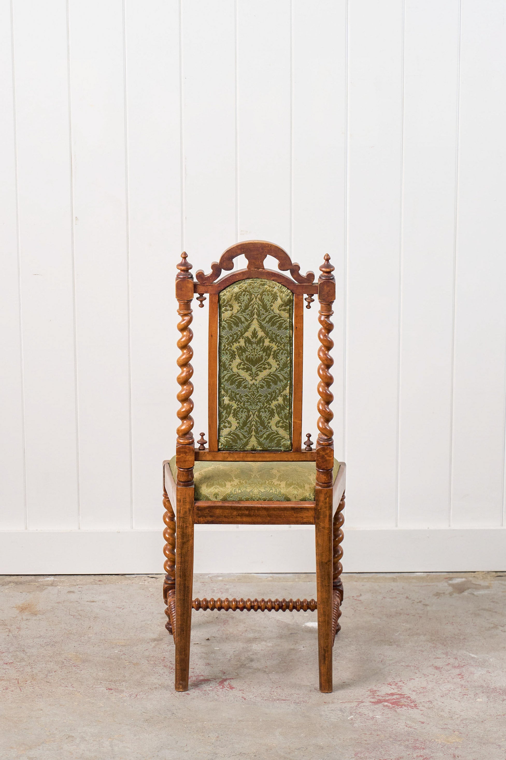 Victorian Walnut Barley Twist Chair With Green Damask Upholstery