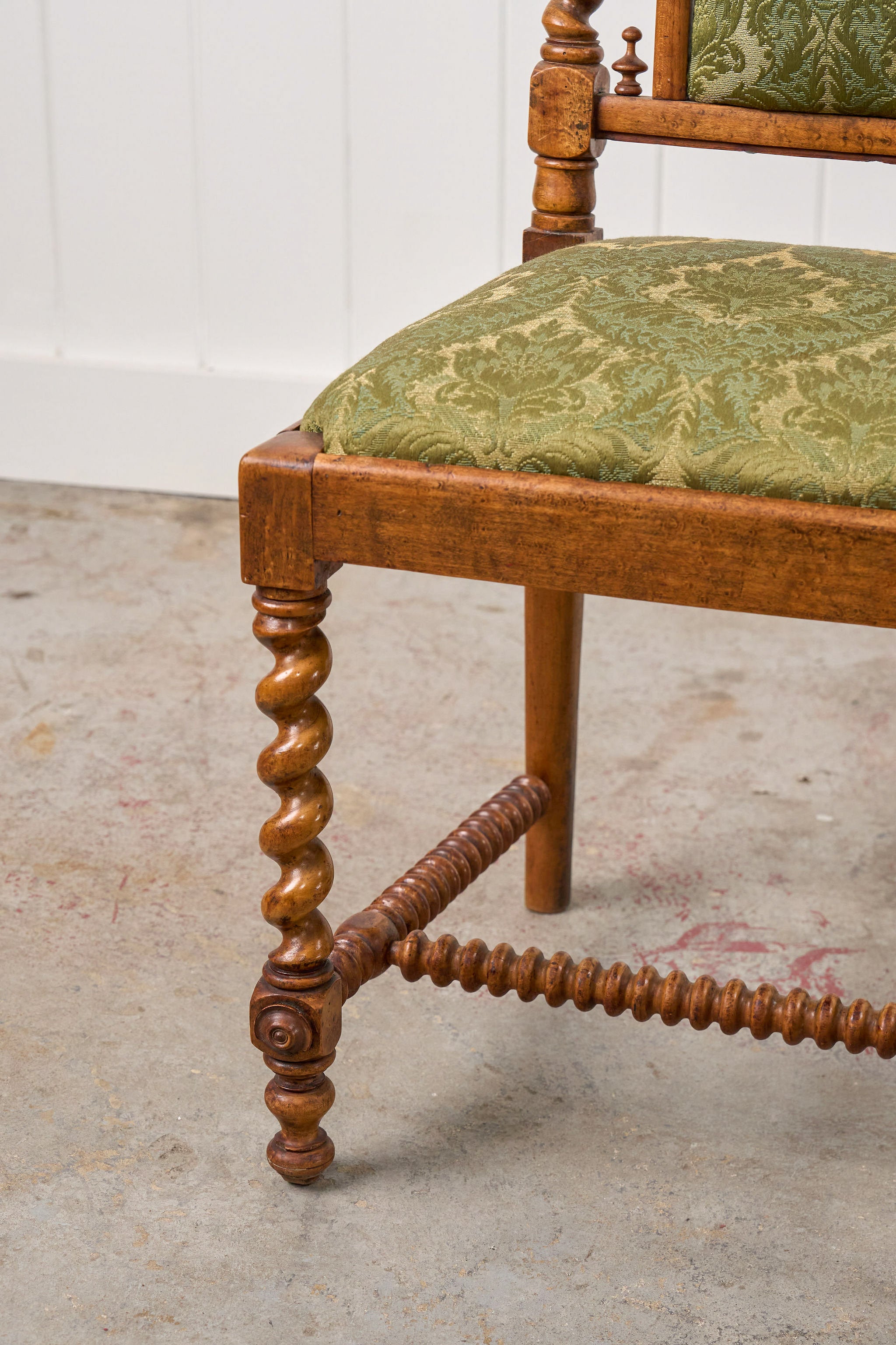 Victorian Walnut Barley Twist Chair With Green Damask Upholstery