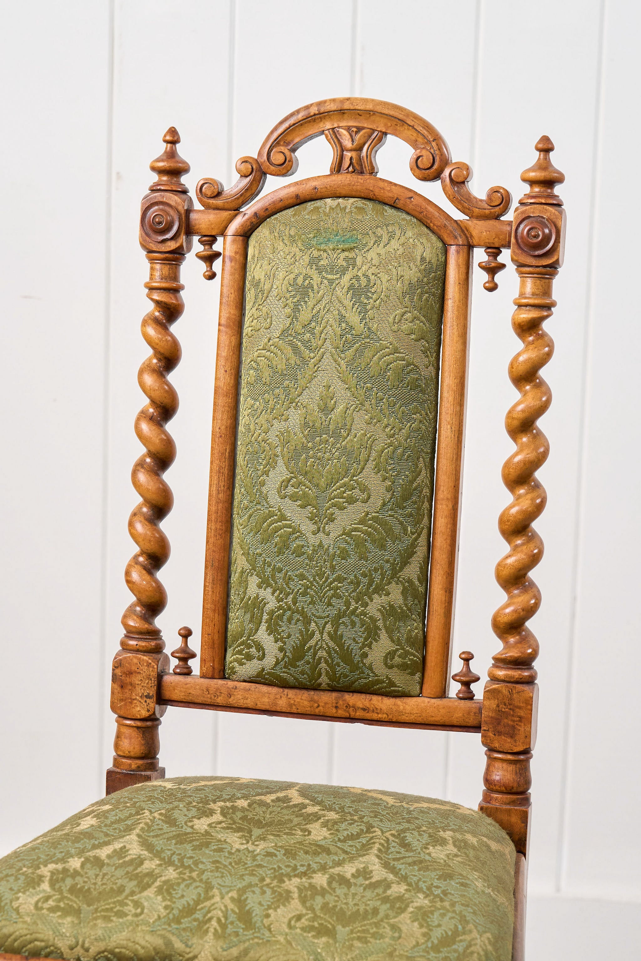 Victorian Walnut Barley Twist Chair With Green Damask Upholstery