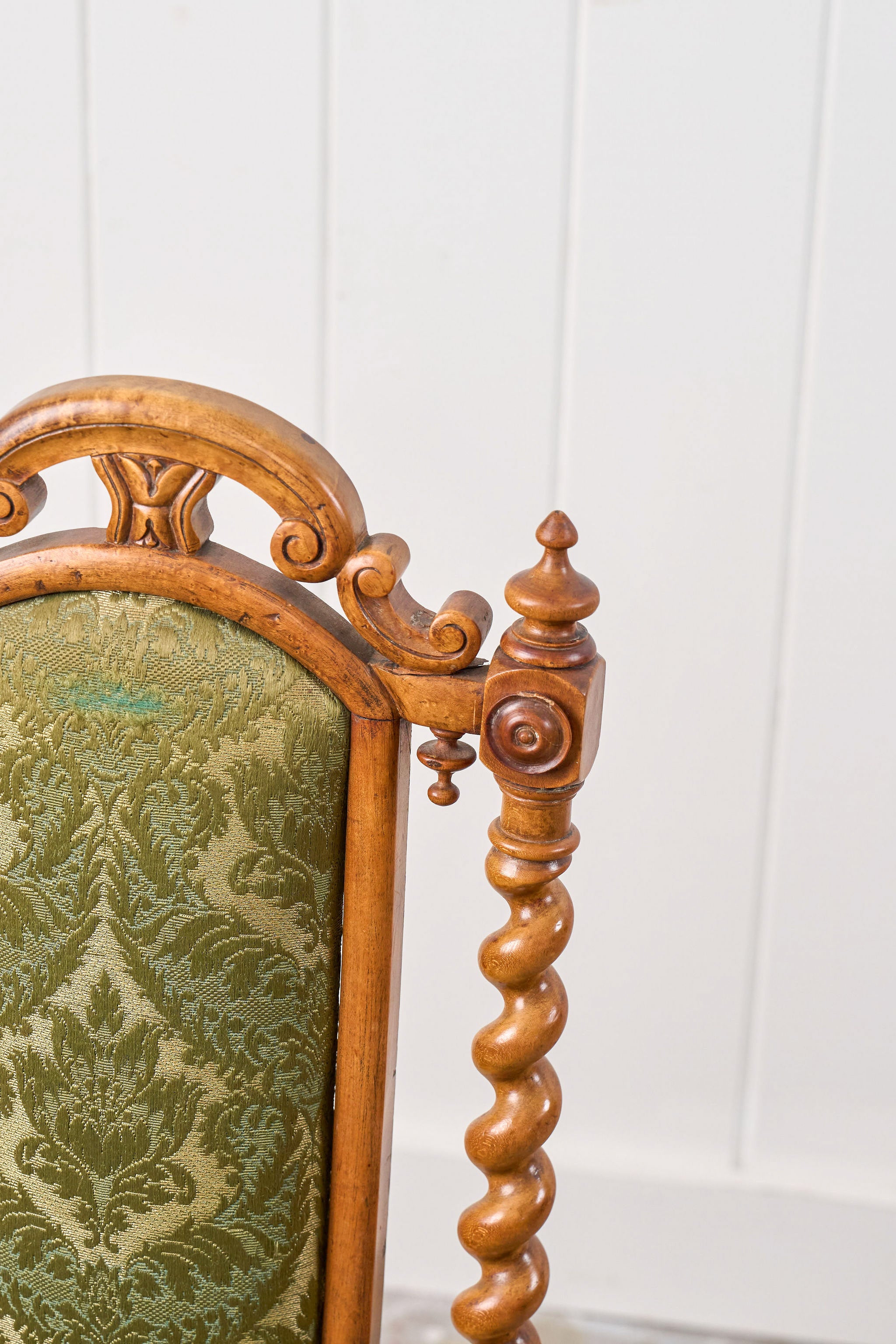 Victorian Walnut Barley Twist Chair With Green Damask Upholstery