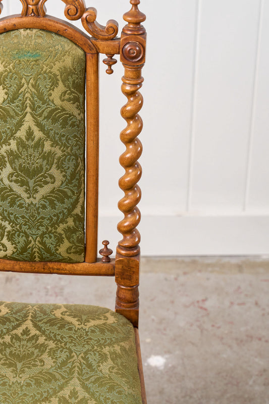 Victorian Walnut Barley Twist Chair With Green Damask Upholstery