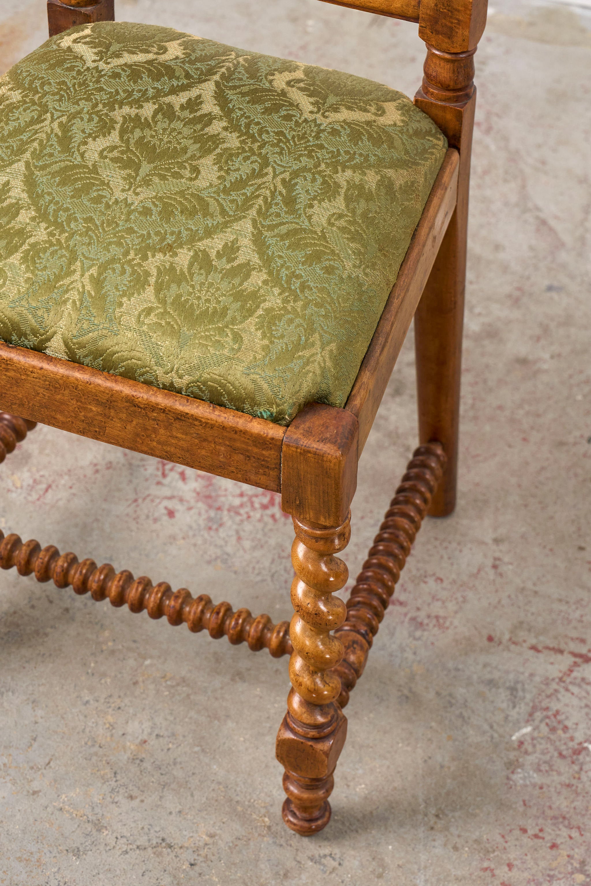 Victorian Walnut Barley Twist Chair With Green Damask Upholstery