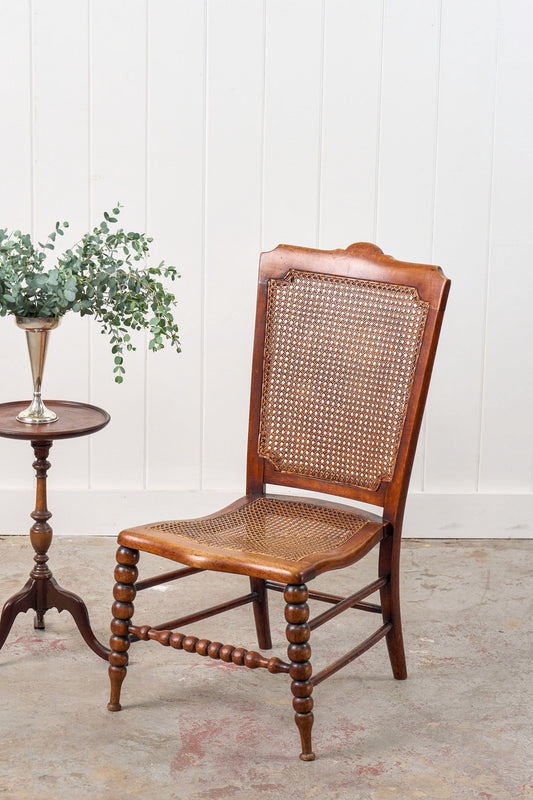 Antique Petite Walnut Accent Chair with Hand-tied Cane Seat + Back with Bobbin Legs