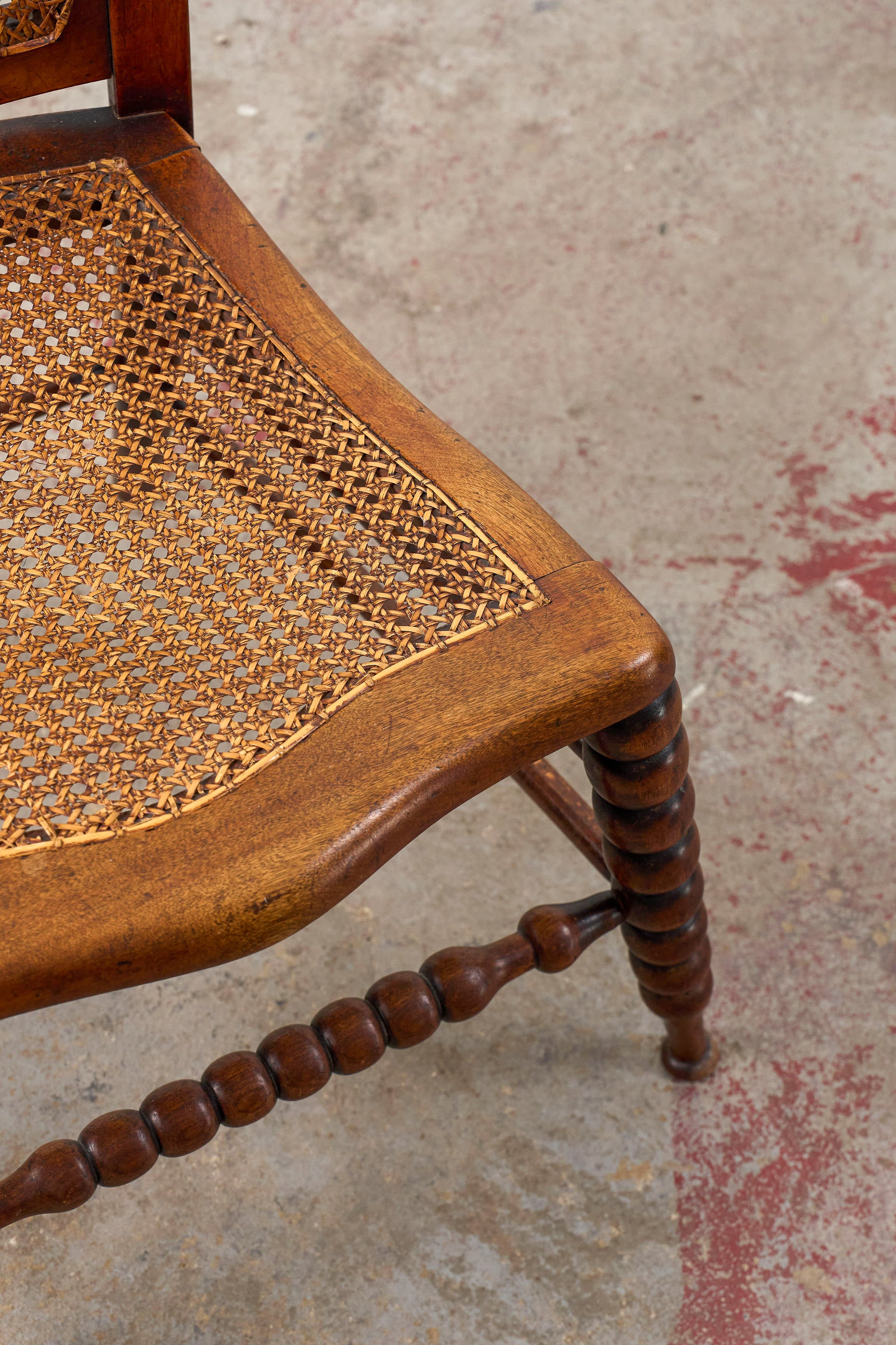 Antique Petite Walnut Accent Chair with Hand-tied Cane Seat + Back with Bobbin Legs