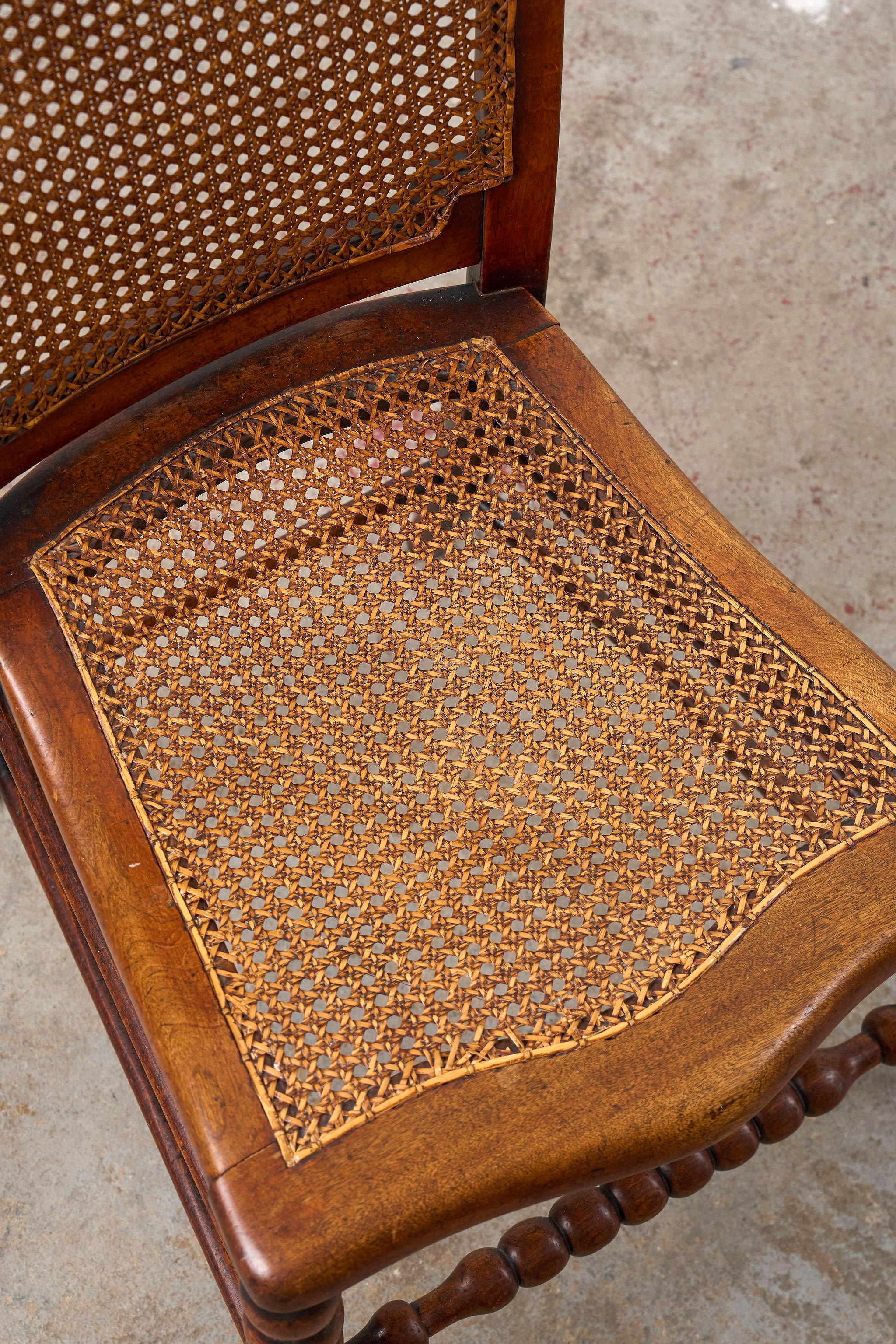 Antique Petite Walnut Accent Chair with Hand-tied Cane Seat + Back with Bobbin Legs
