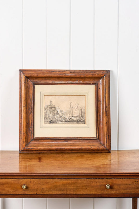 Original 19th Century Gouache + Watercolor Harbor Scene in Oak Frame