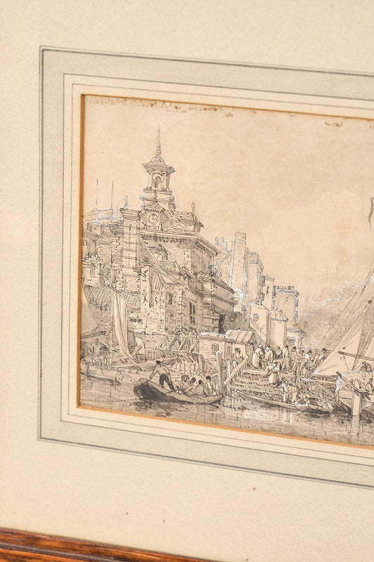 Original 19th Century Gouache + Watercolor Harbor Scene in Oak Frame