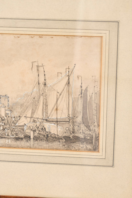 Original 19th Century Gouache + Watercolor Harbor Scene in Oak Frame