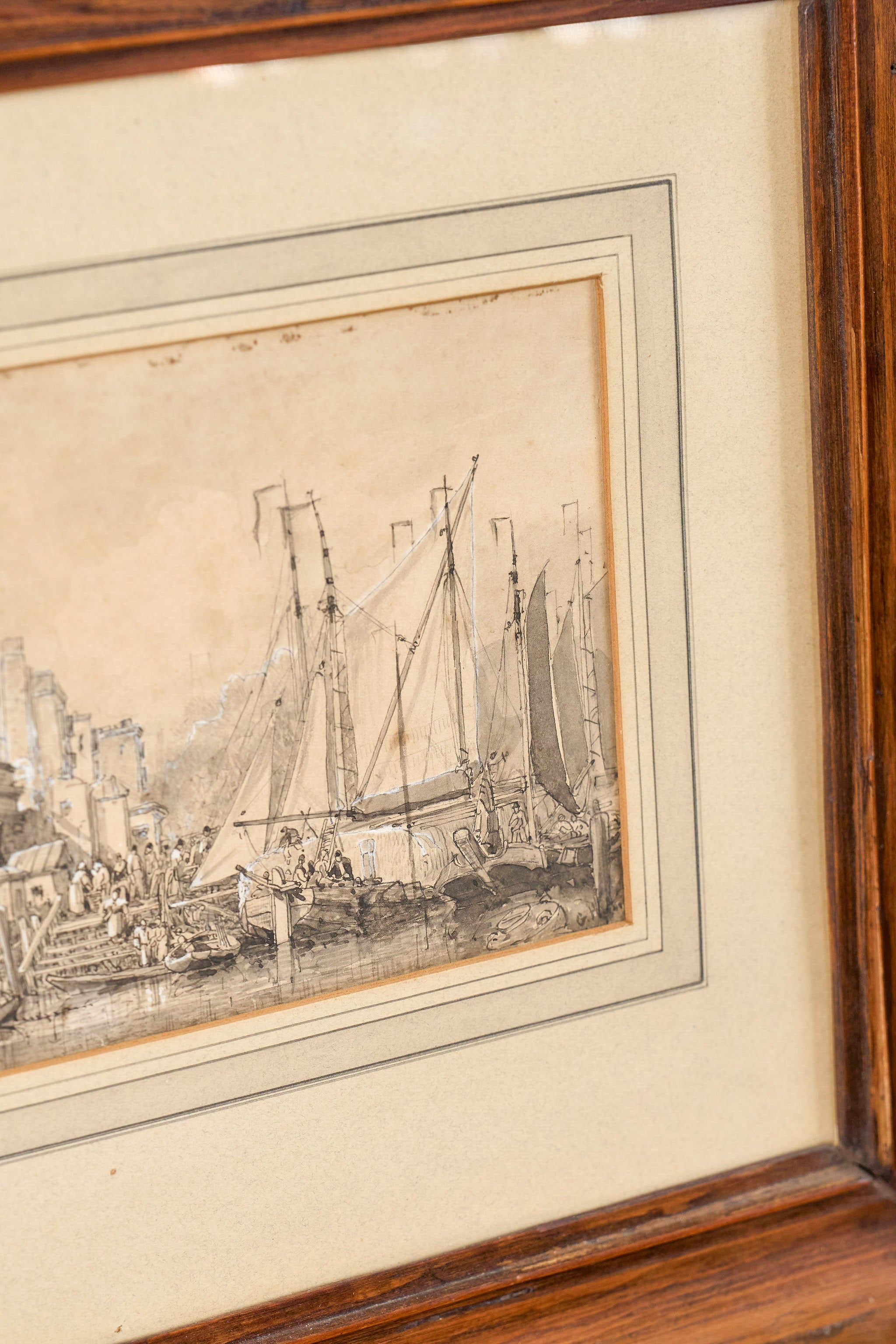 Original 19th Century Gouache + Watercolor Harbor Scene in Oak Frame