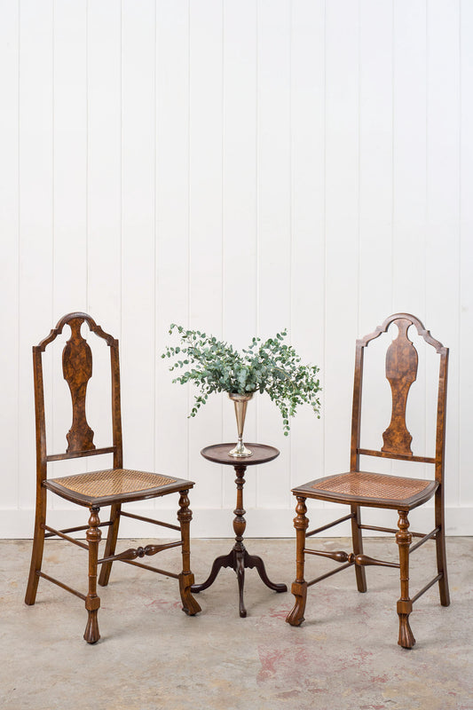 PAIR 19th Century Burl Walnut Hand Tied Cane Seat Chairs