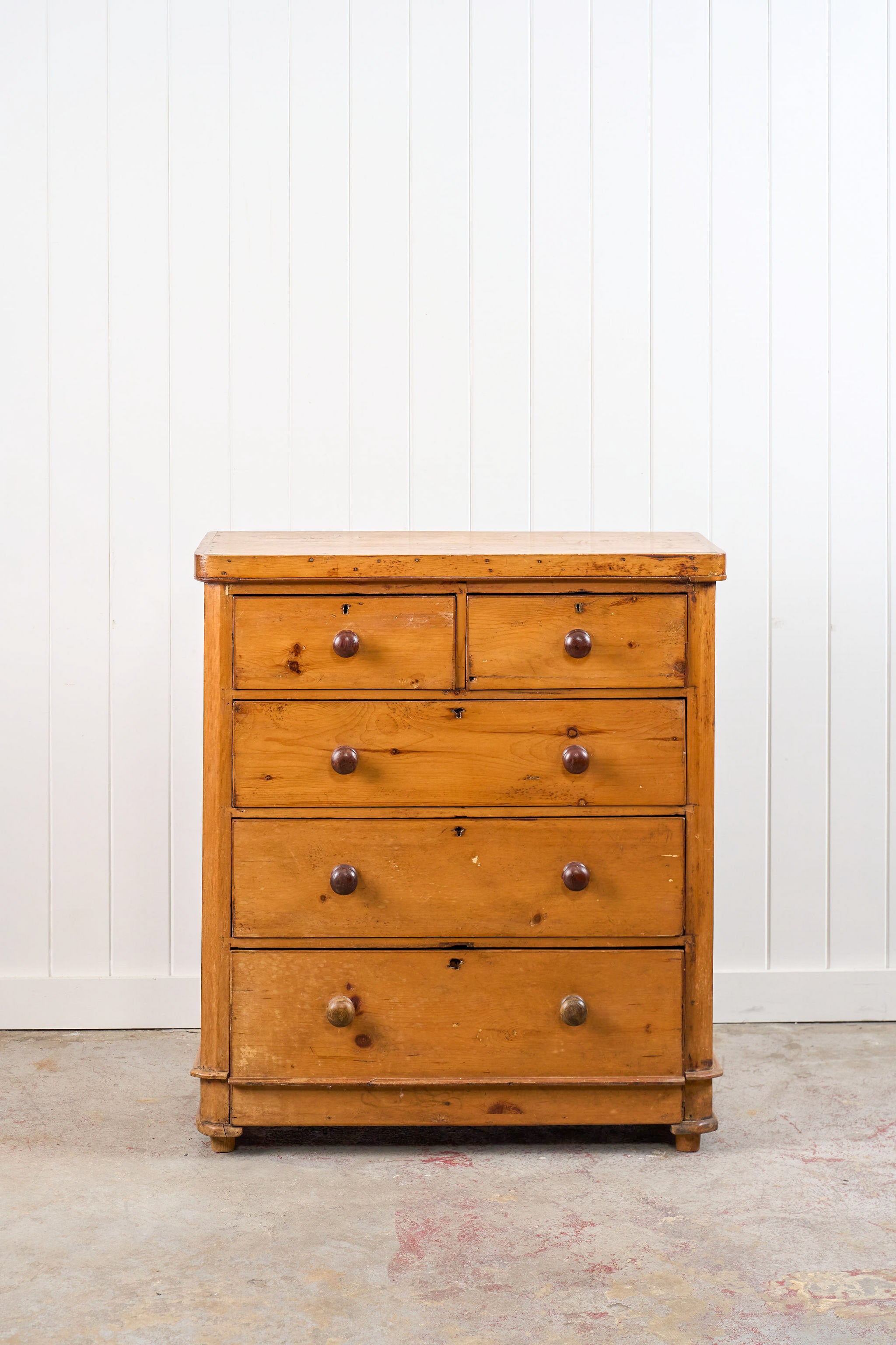 19th Century Pine 2 Over 3 Chest with Wooden Knobs
