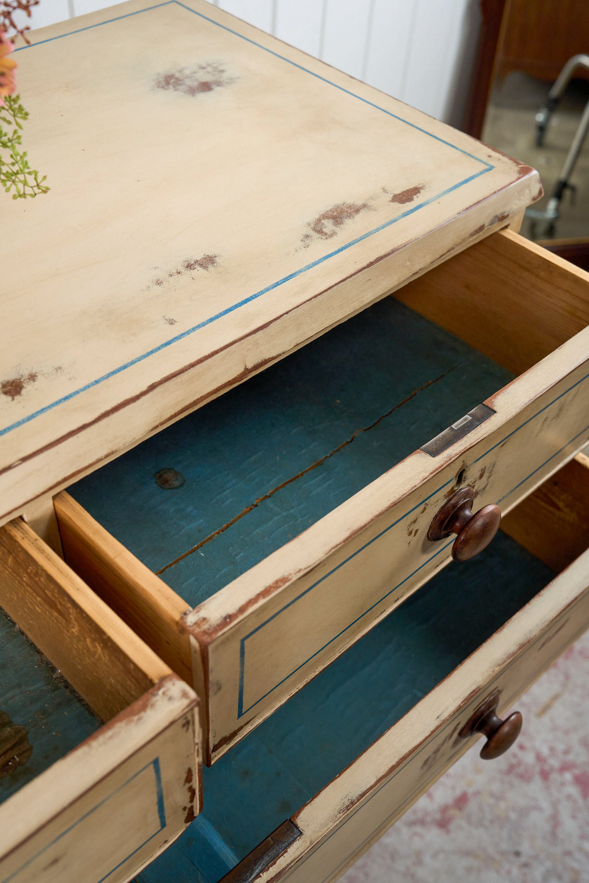 19th Century Victorian Two Over Three Painted Pine Chest with Blue Accents