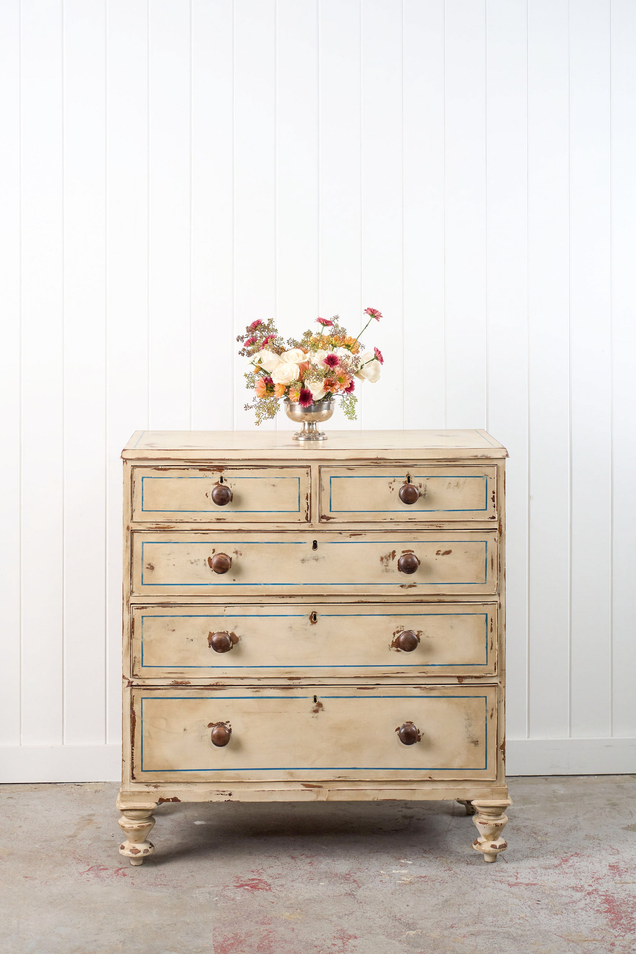 19th Century Victorian Two Over Three Painted Pine Chest with Blue Accents