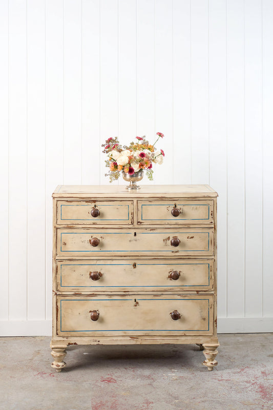 19th Century Victorian Two Over Three Painted Pine Chest with Blue Accents