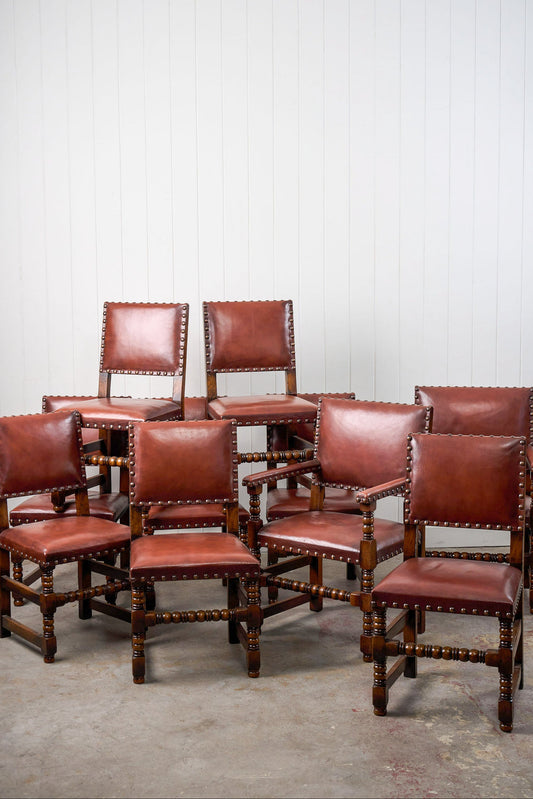 SET of 10 | English Cromwellian Style Oak Bobbin Stretcher Base Dining Chairs with Leather Upholstery (c. 1920)