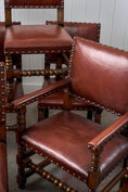 Load image into Gallery viewer, SET of 10 | English Cromwellian Style Oak Bobbin Stretcher Base Dining Chairs with Leather Upholstery (c. 1920)
