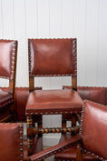 Load image into Gallery viewer, SET of 10 | English Cromwellian Style Oak Bobbin Stretcher Base Dining Chairs with Leather Upholstery (c. 1920)
