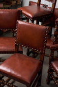 Load image into Gallery viewer, SET of 10 | English Cromwellian Style Oak Bobbin Stretcher Base Dining Chairs with Leather Upholstery (c. 1920)
