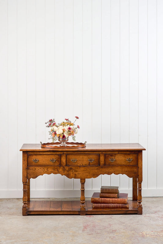 19th Century English Oak Dresser Base/Console With Scalloped Apron