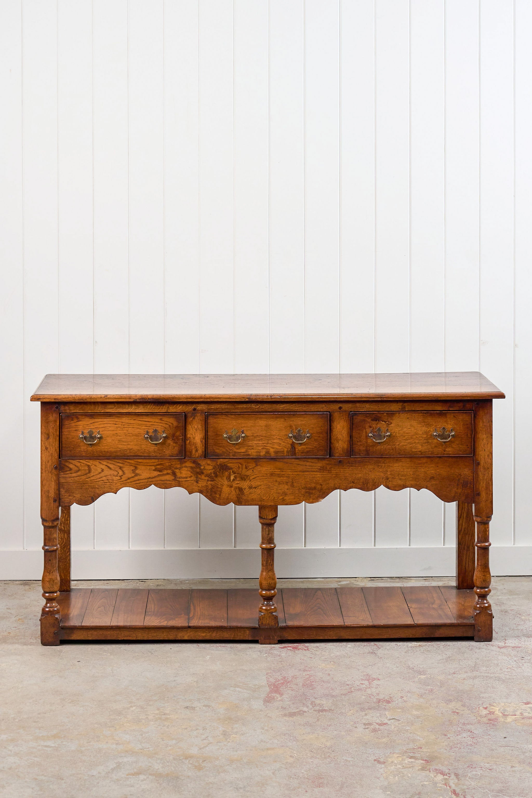 19th Century English Oak Dresser Base/Console With Scalloped Apron