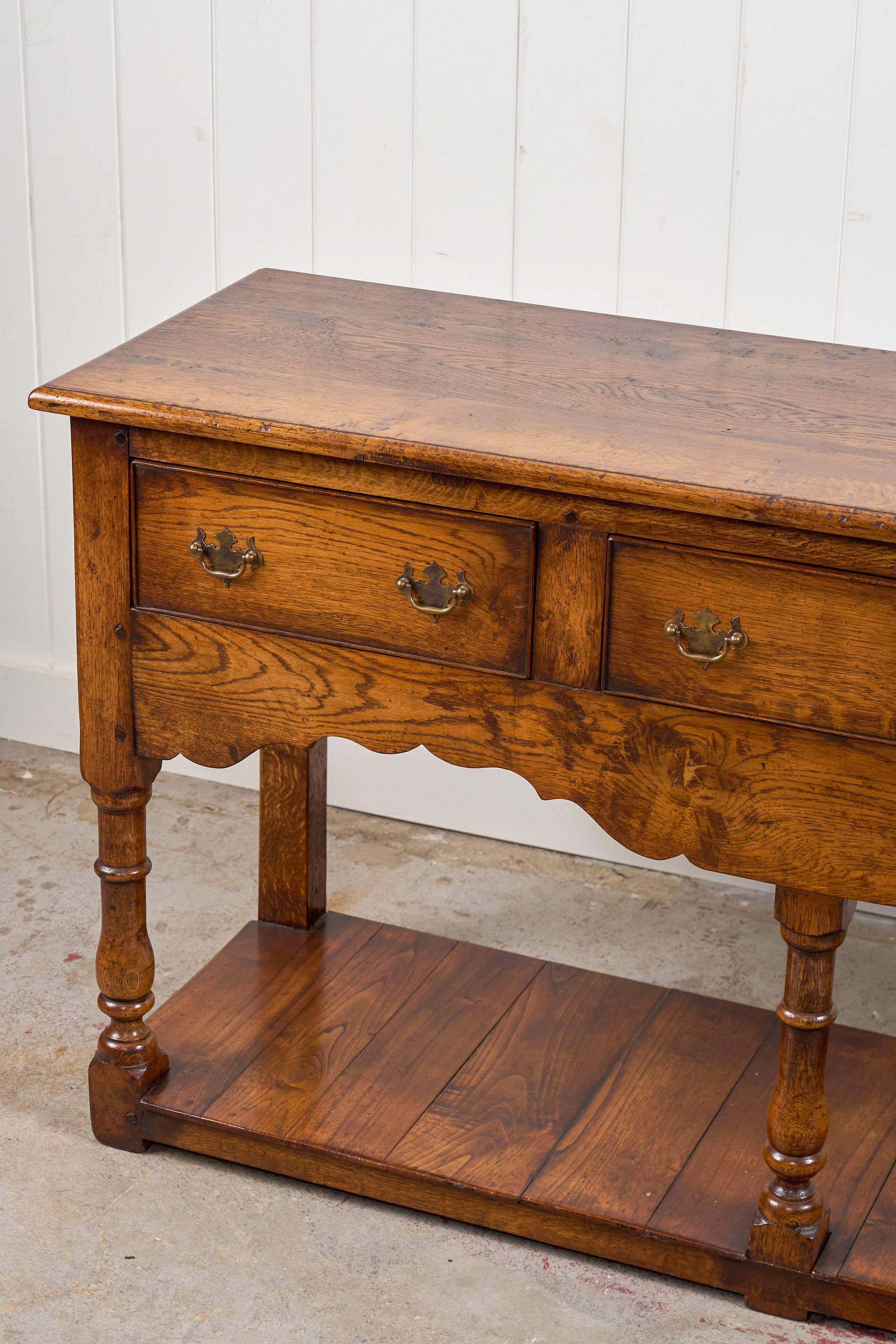 19th Century English Oak Dresser Base/Console With Scalloped Apron