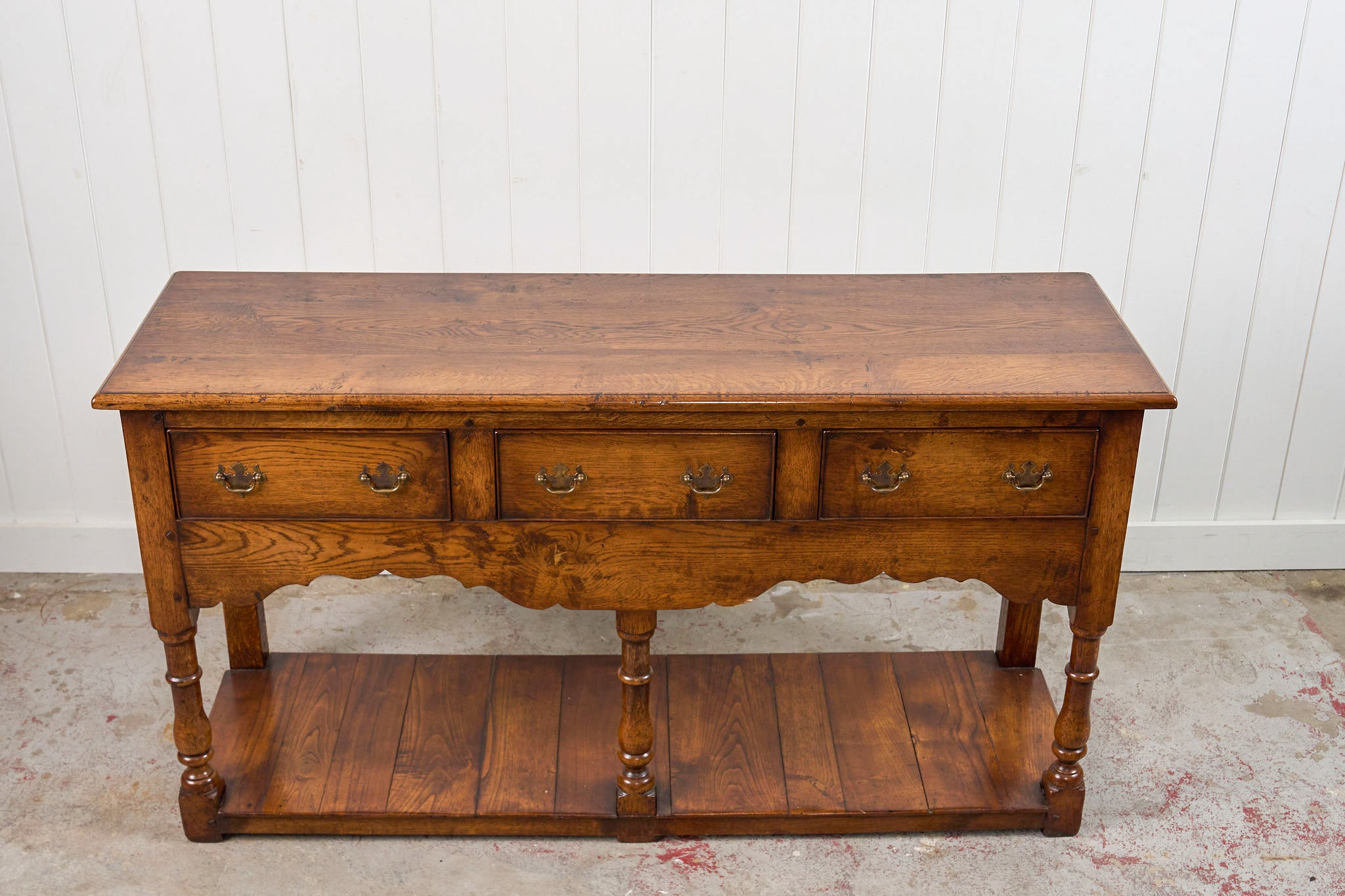 19th Century English Oak Dresser Base/Console With Scalloped Apron