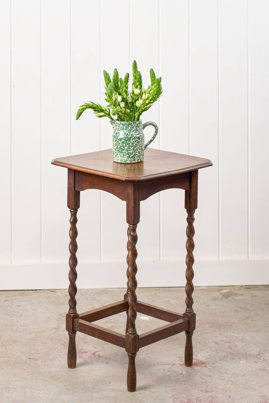 Antique English Oak Barley Twist Side Table with Straight Beveled Edge