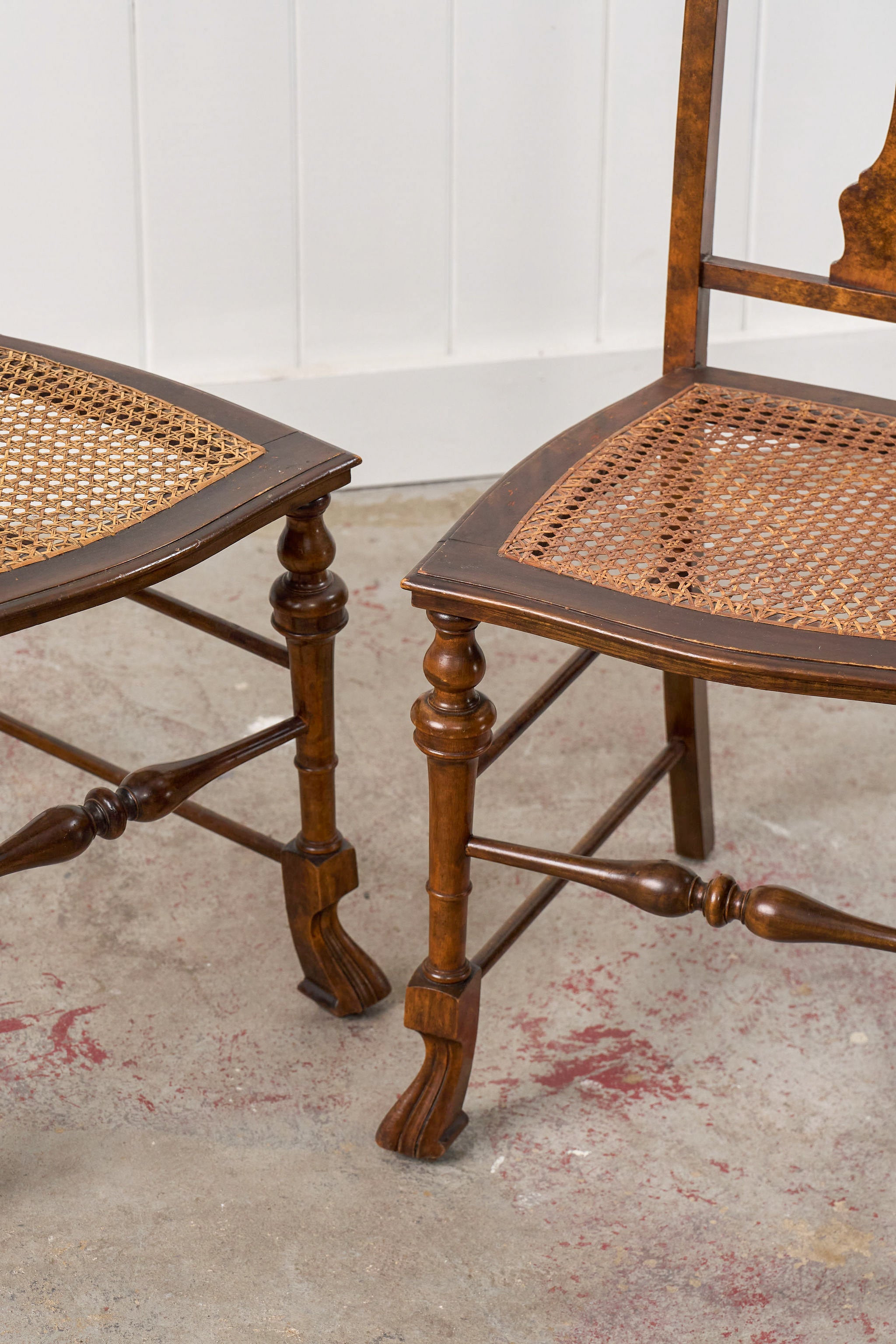 PAIR 19th Century Burl Walnut Hand Tied Cane Seat Chairs