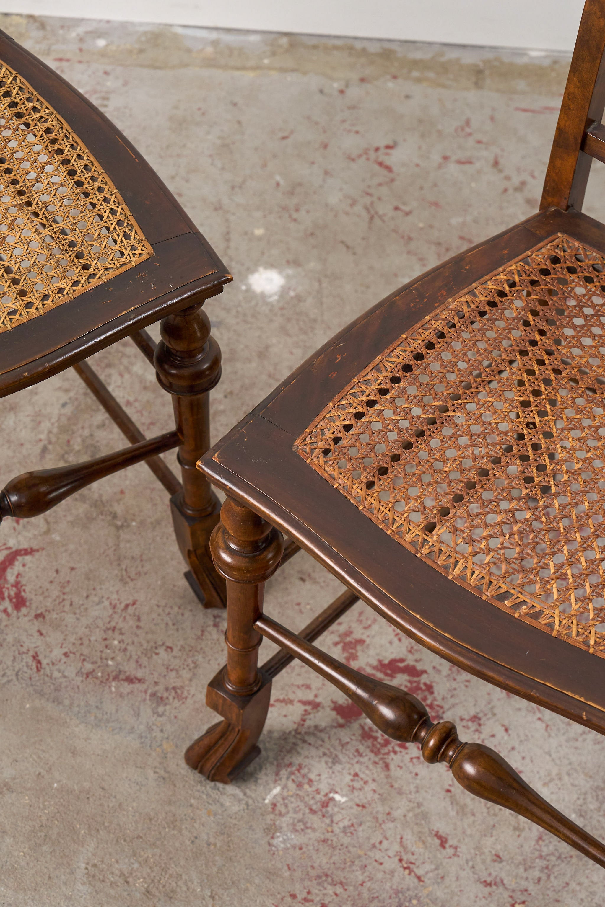 PAIR 19th Century Burl Walnut Hand Tied Cane Seat Chairs