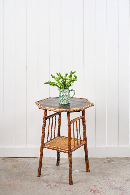 19th Century Octagon Bamboo Two-Tier Side Table with Lacquered Top