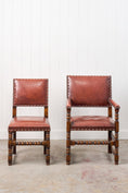 Load image into Gallery viewer, SET of 10 | English Cromwellian Style Oak Bobbin Stretcher Base Dining Chairs with Leather Upholstery (c. 1920)

