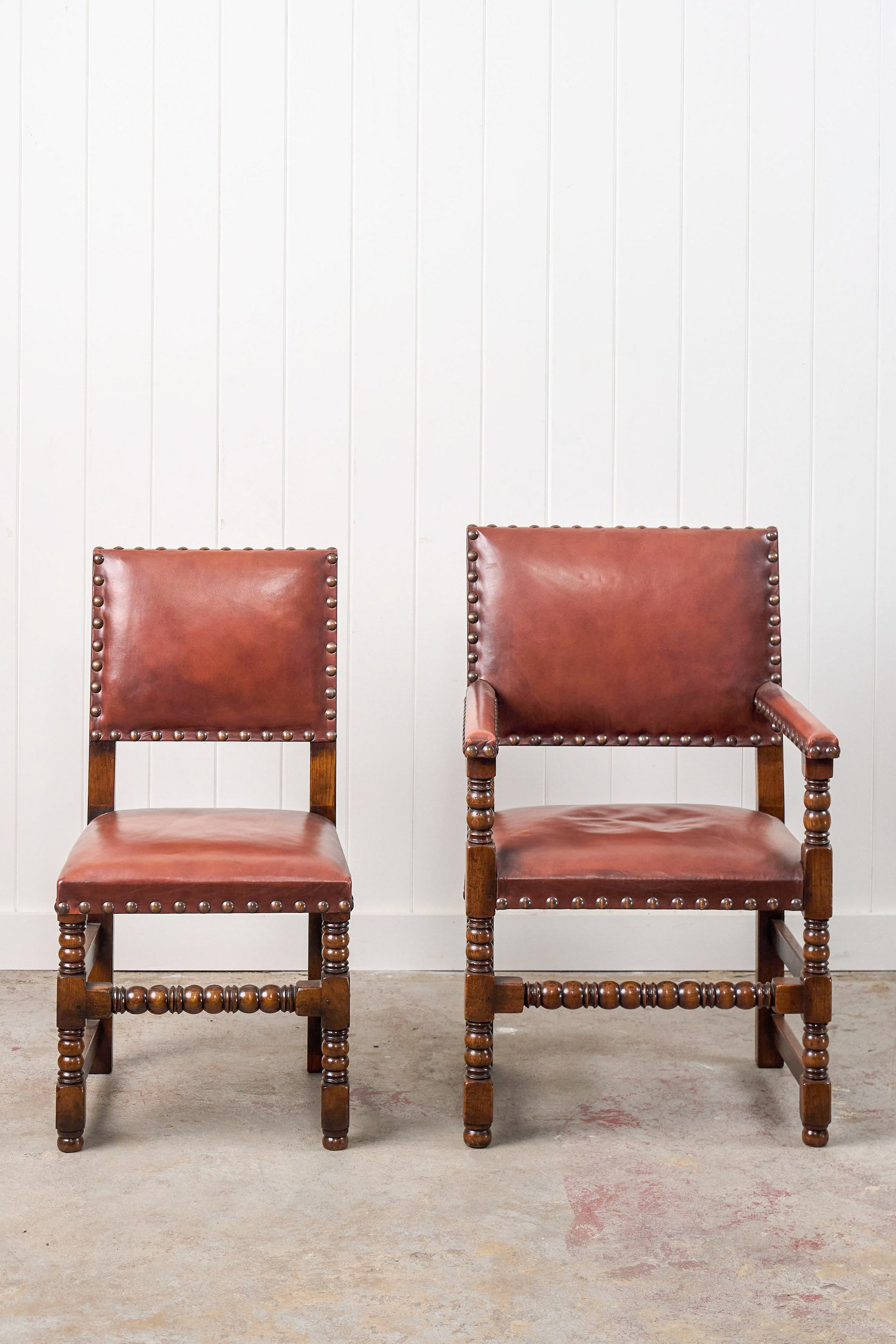 SET of 10 | English Cromwellian Style Oak Bobbin Stretcher Base Dining Chairs with Leather Upholstery (c. 1920)