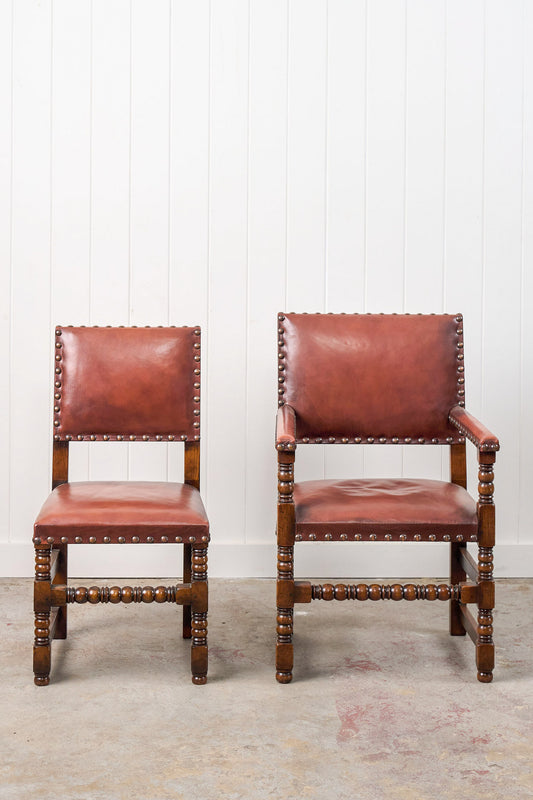 SET of 10 | English Cromwellian Style Oak Bobbin Stretcher Base Dining Chairs with Leather Upholstery (c. 1920)