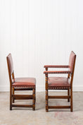 Load image into Gallery viewer, SET of 10 | English Cromwellian Style Oak Bobbin Stretcher Base Dining Chairs with Leather Upholstery (c. 1920)
