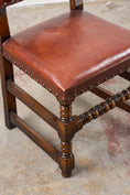 Load image into Gallery viewer, SET of 10 | English Cromwellian Style Oak Bobbin Stretcher Base Dining Chairs with Leather Upholstery (c. 1920)

