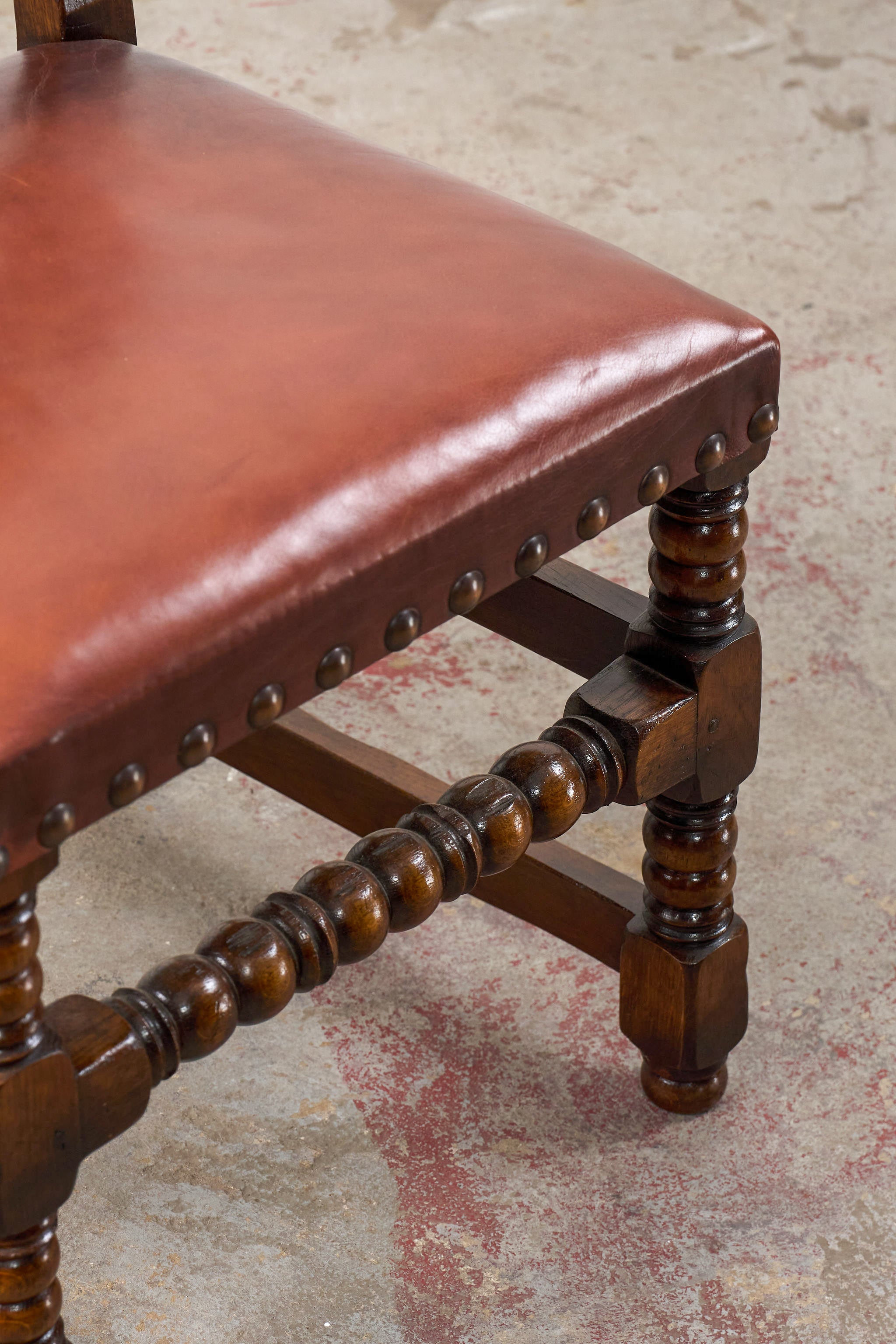 SET of 10 | English Cromwellian Style Oak Bobbin Stretcher Base Dining Chairs with Leather Upholstery (c. 1920)