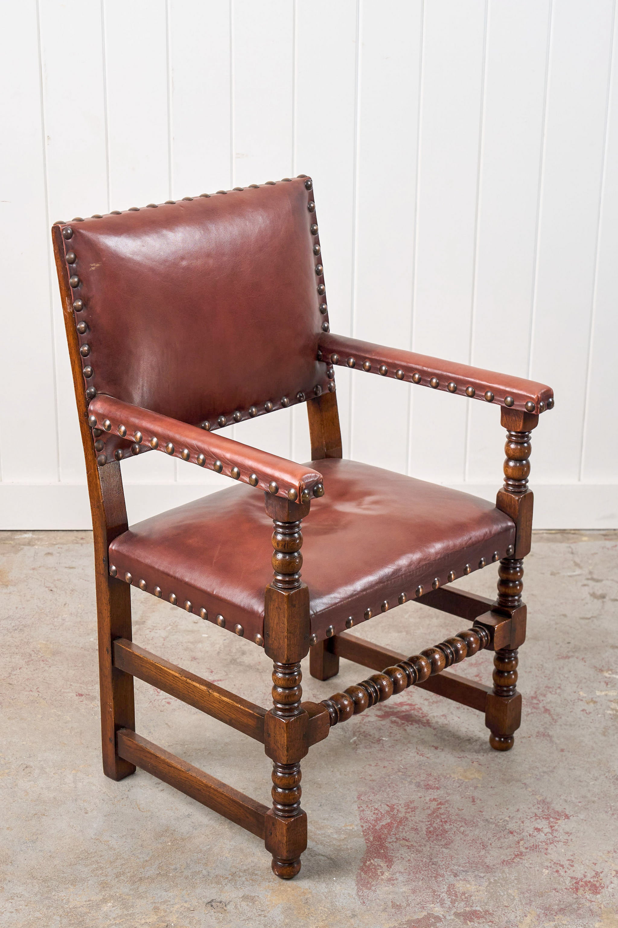 SET of 10 | English Cromwellian Style Oak Bobbin Stretcher Base Dining Chairs with Leather Upholstery (c. 1920)