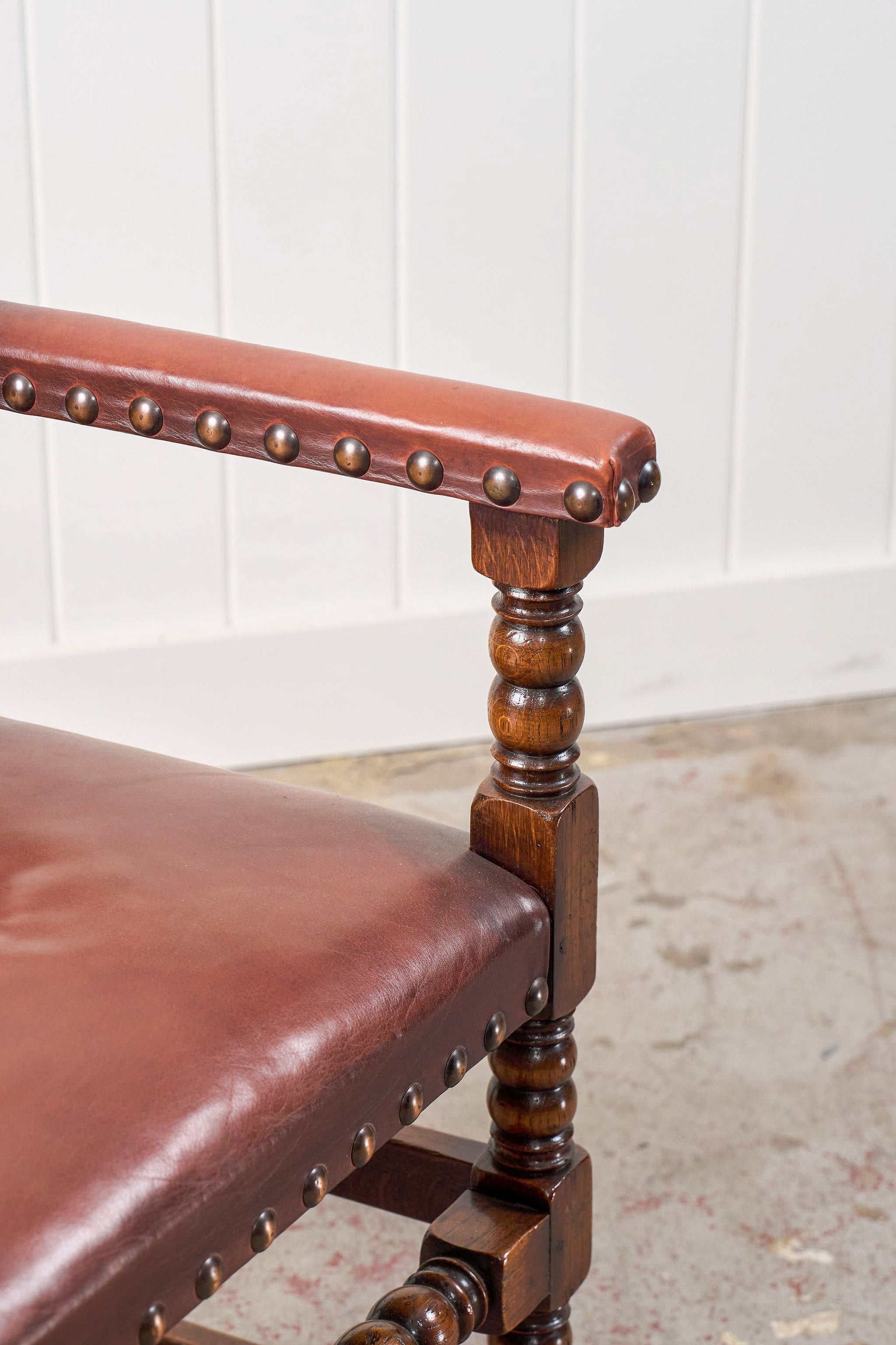 SET of 10 | English Cromwellian Style Oak Bobbin Stretcher Base Dining Chairs with Leather Upholstery (c. 1920)