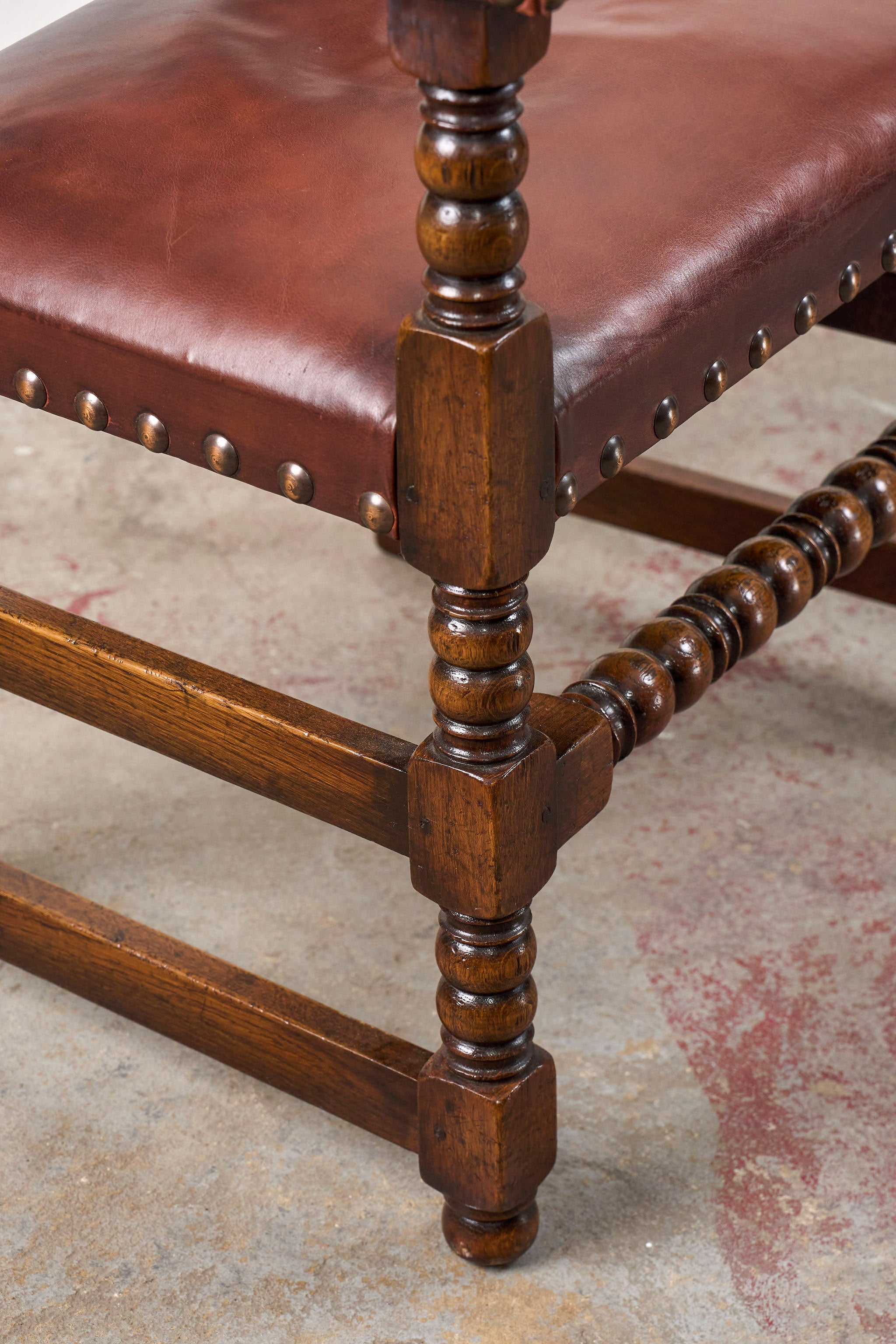 SET of 10 | English Cromwellian Style Oak Bobbin Stretcher Base Dining Chairs with Leather Upholstery (c. 1920)