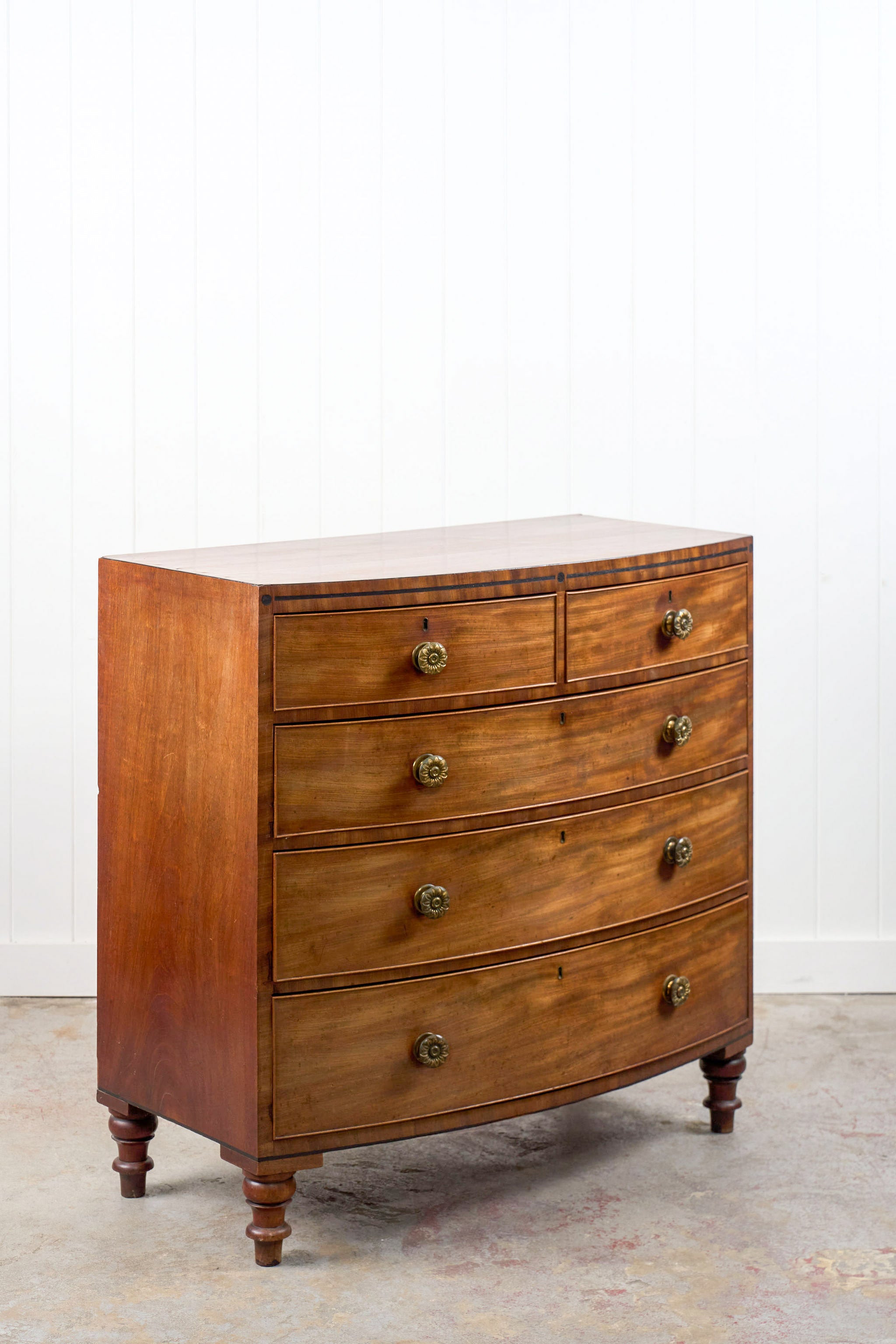 George III Period Mahogany Bowfront Chest with Brass Floral Knobs (c. 1820)