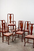 Load image into Gallery viewer, SET of 8 | Walnut Queen Anne Style Dining Chairs with Red/Pink Floral Upholstered Seats
