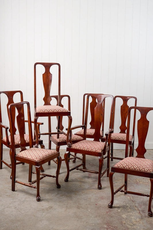 SET of 8 | Walnut Queen Anne Style Dining Chairs with Red/Pink Floral Upholstered Seats
