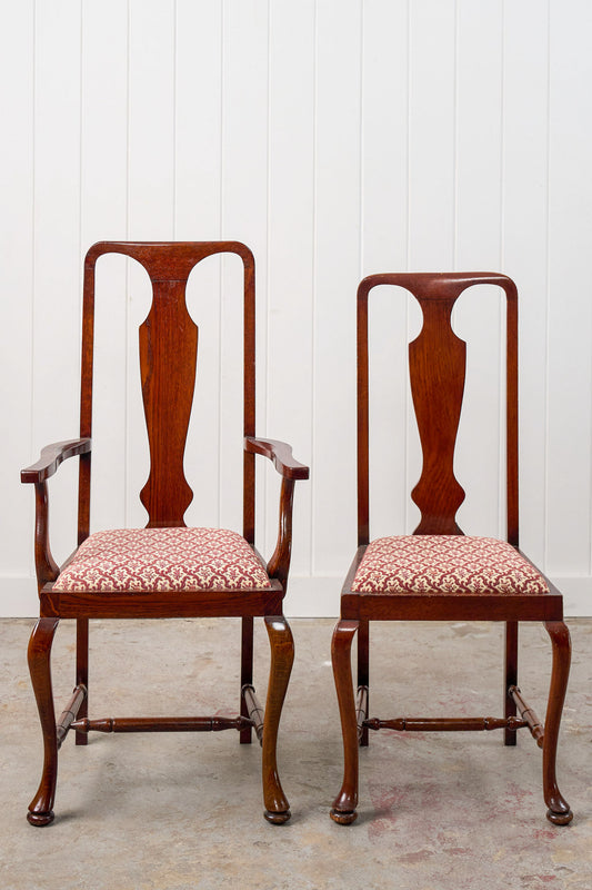 SET of 8 | Walnut Queen Anne Style Dining Chairs with Red/Pink Floral Upholstered Seats