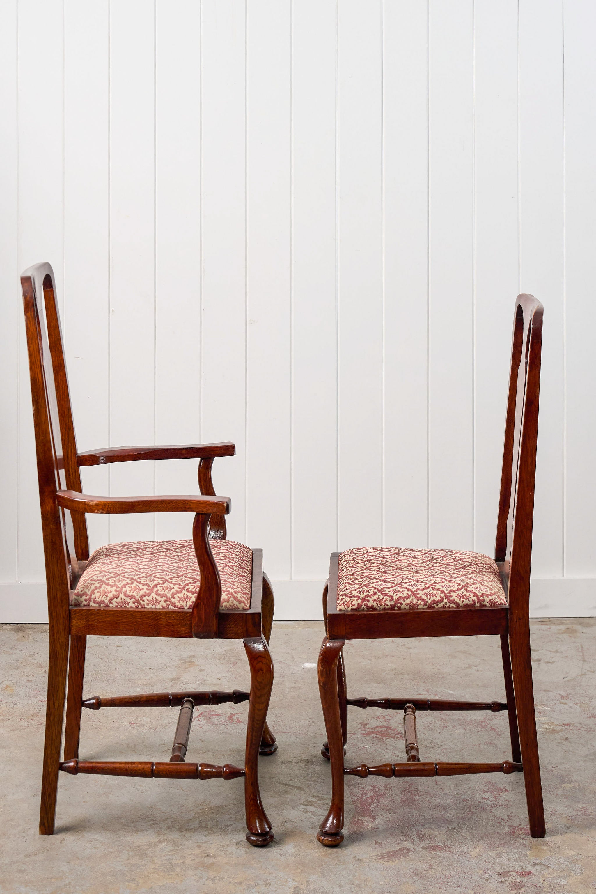 SET of 8 | Walnut Queen Anne Style Dining Chairs with Red/Pink Floral Upholstered Seats