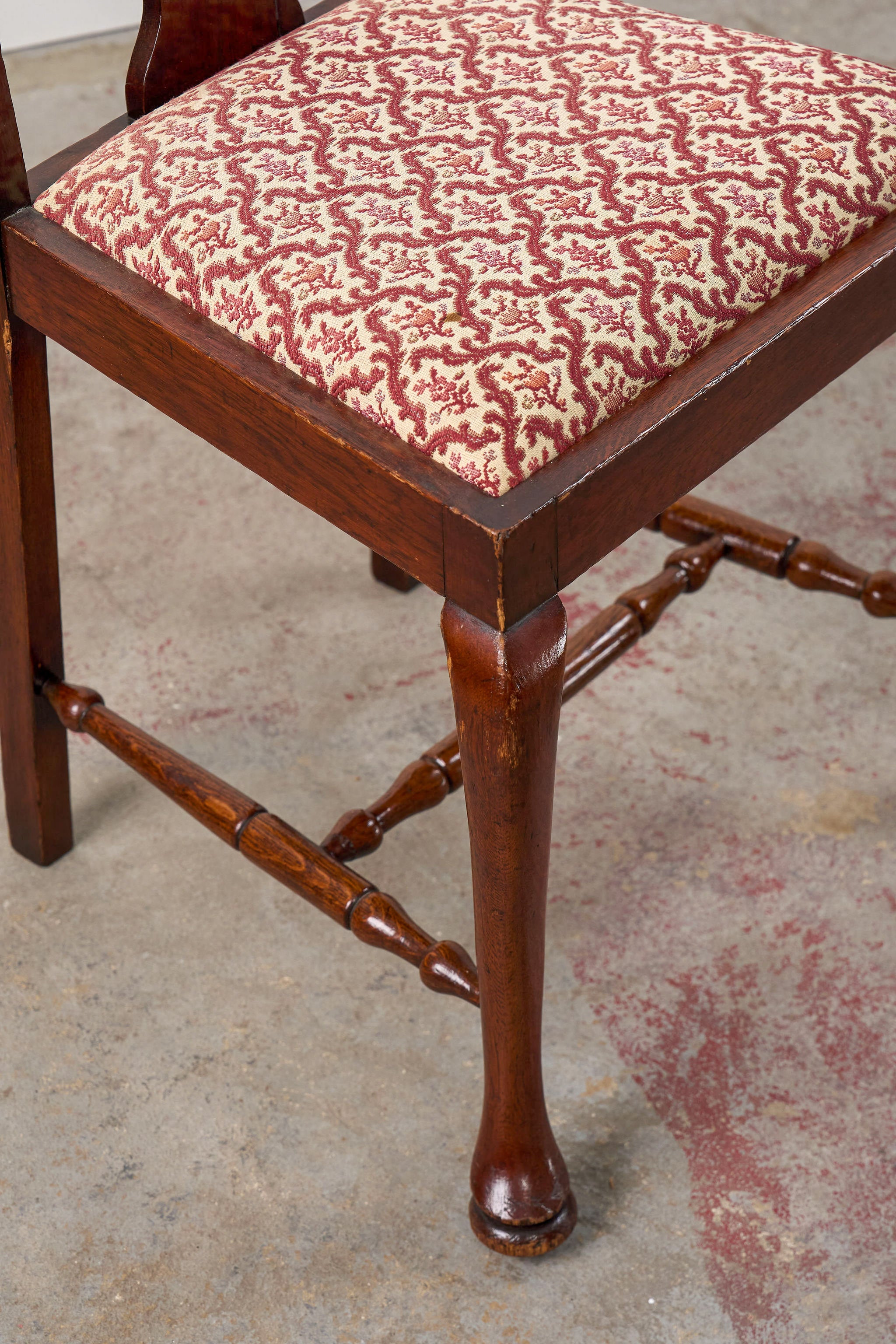 SET of 8 | Walnut Queen Anne Style Dining Chairs with Red/Pink Floral Upholstered Seats